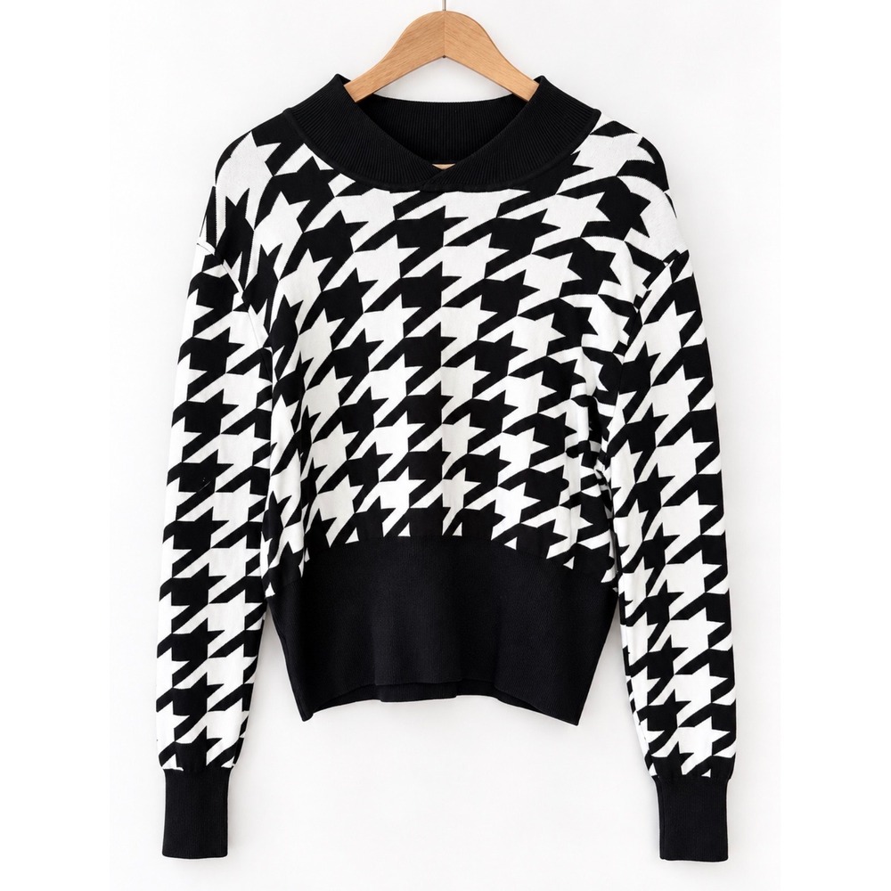 Unique Vintage Sz XL Cozy Houndstooth Ribbed Trim Sweater Academia Soft Preppy